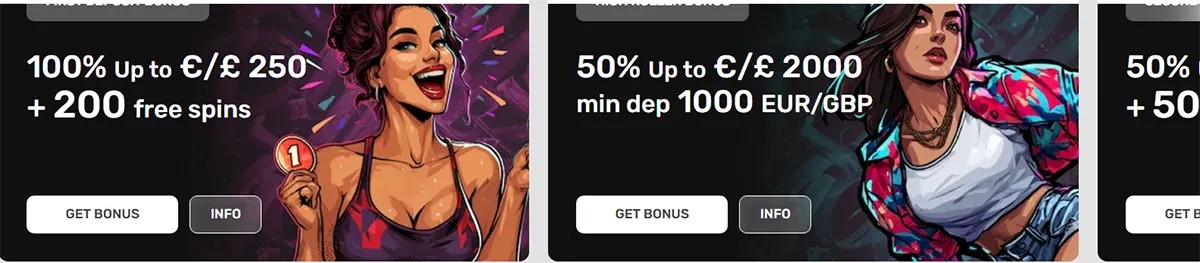 Two casino promotion tiles featuring illustrated women, showing “100% up to €/£250 + 200 free spins” and “50% up to €/£2000 (min dep 1000 EUR/GBP)”, each with “Get Bonus” and “Info” buttons.