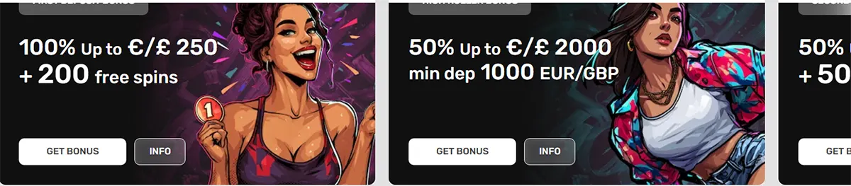 Two casino promotion tiles featuring illustrated women, showing “100% up to €/£250 + 200 free spins” and “50% up to €/£2000 (min dep 1000 EUR/GBP)”, each with “Get Bonus” and “Info” buttons.