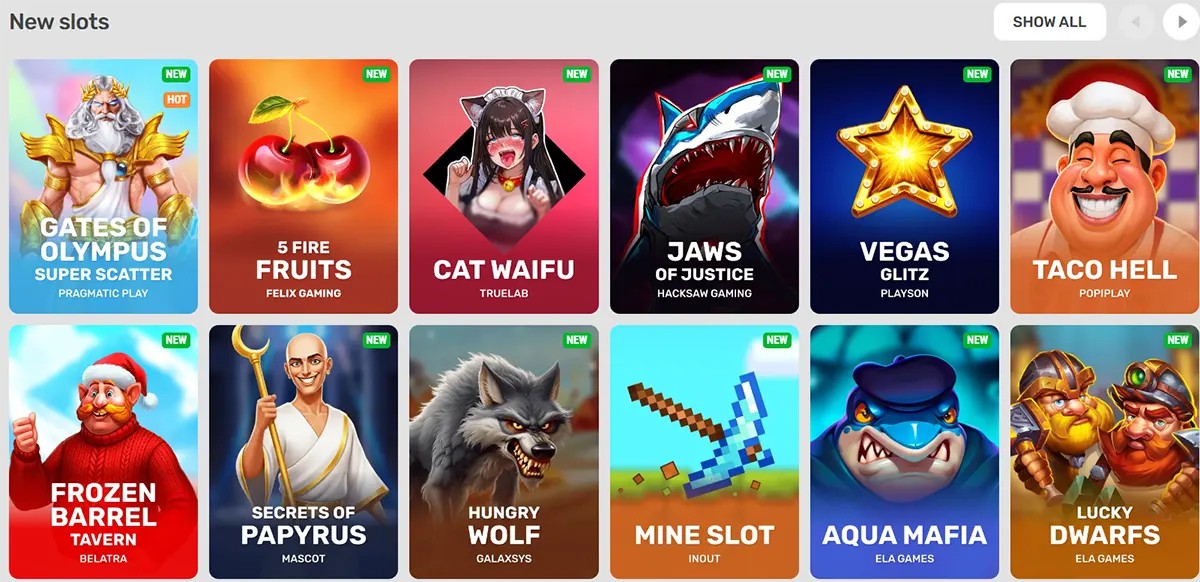 “New slots” grid showing game tiles like Gates of Olympus, 5 Fire Fruits, Cat Waifu, Jaws of Justice, Vegas Glitz, Taco Hell, Frozen Barrel Tavern, Secrets of Papyrus, Hungry Wolf, Mine Slot, Aqua Mafia, and Lucky Dwarfs, each marked “NEW.”