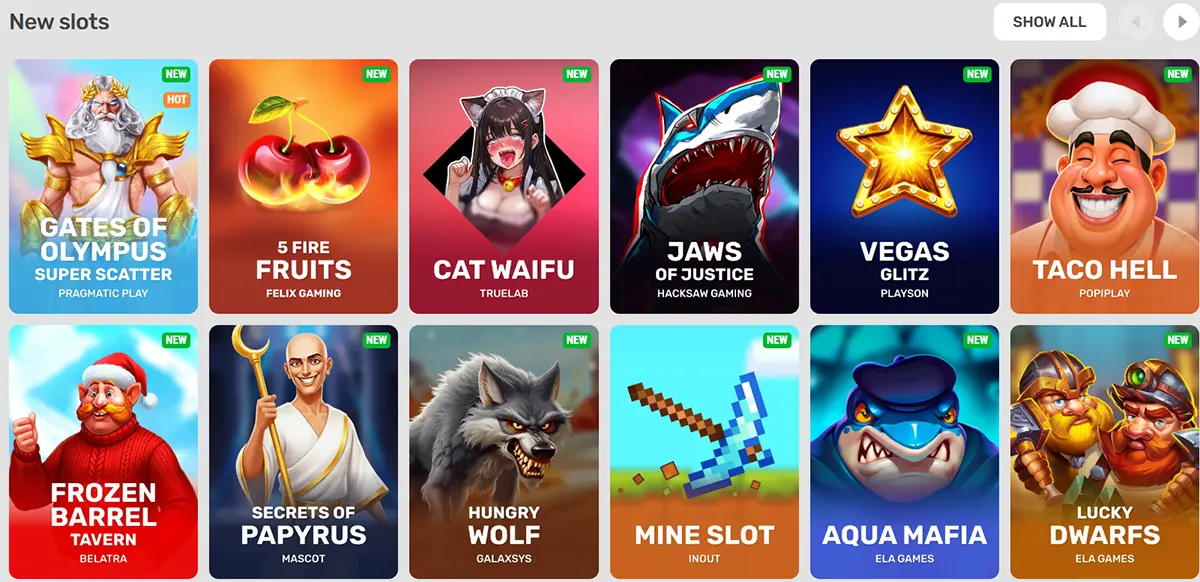 “New slots” grid showing game tiles like Gates of Olympus, 5 Fire Fruits, Cat Waifu, Jaws of Justice, Vegas Glitz, Taco Hell, Frozen Barrel Tavern, Secrets of Papyrus, Hungry Wolf, Mine Slot, Aqua Mafia, and Lucky Dwarfs, each marked “NEW.”