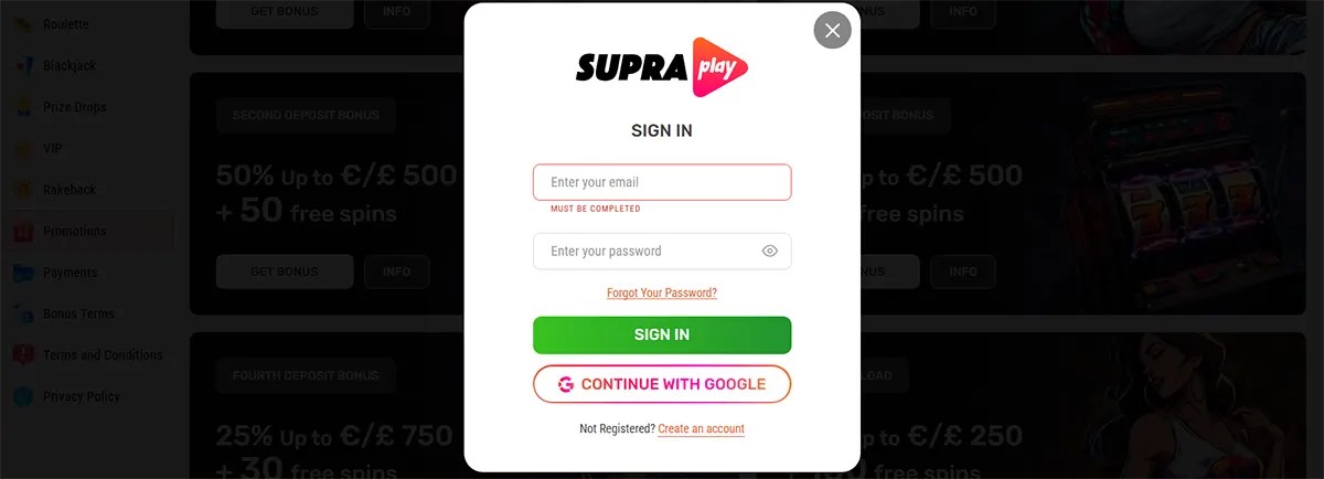 SUPRAplay sign-in popup with email and password fields, a green “Sign In” button, “Continue with Google,” plus “Forgot your password?” and “Create an account” links.