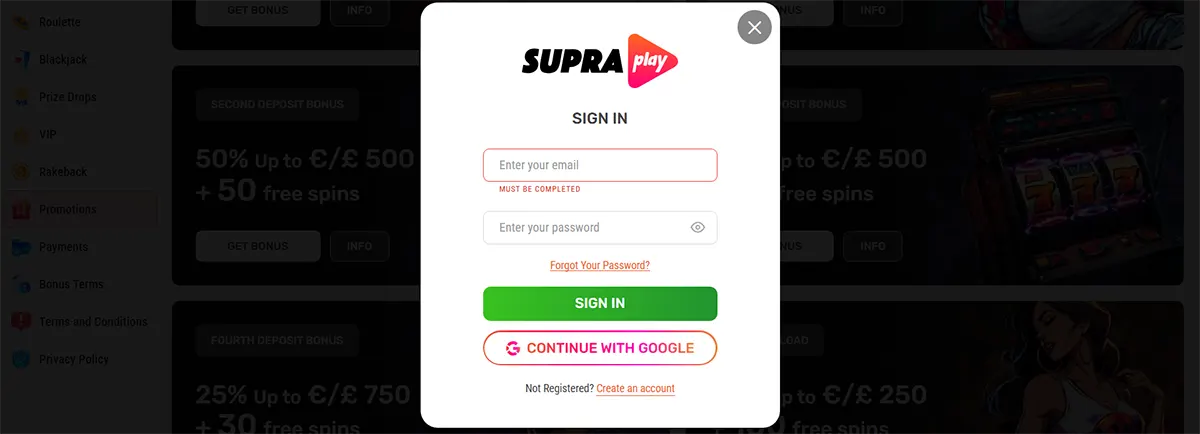 SUPRAplay sign-in popup with email and password fields, a green “Sign In” button, “Continue with Google,” plus “Forgot your password?” and “Create an account” links.